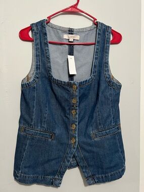 LOFT Denim Button-Front Vest in Blue